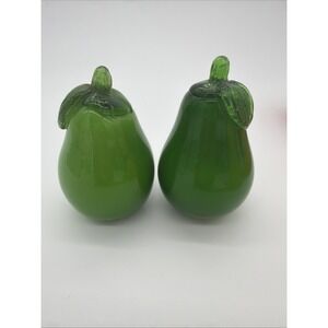 Vintage Hand Blown Green Pear 4.5" Fruit Art Glass Murano Style Set Of 2